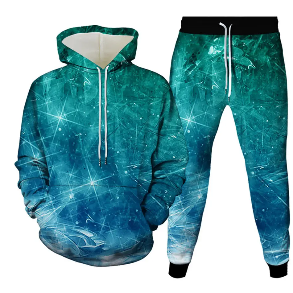 Golden Glitter Sparkle 3D Printing Hoodies+Trousers 2Pc Set Men Casual Tracksuit Harajuku Oversize Kids Suits Clothes