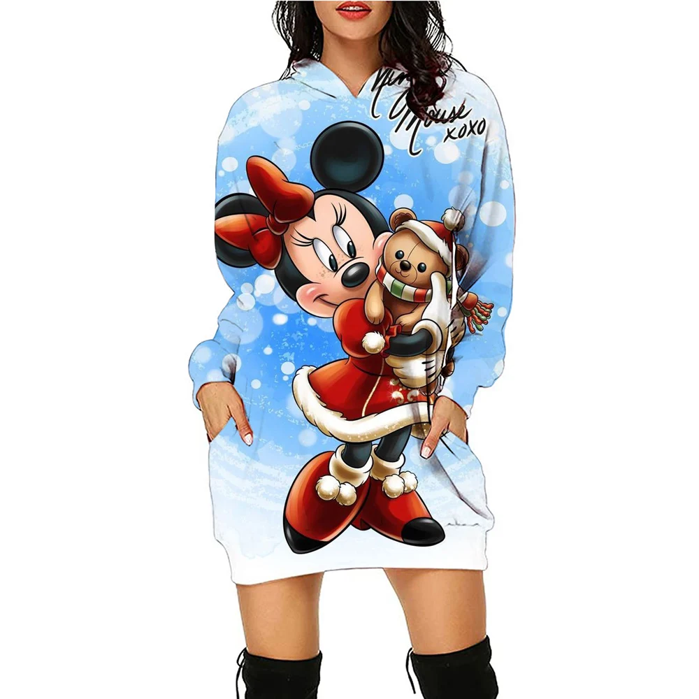 فستان ميكي فساتين ديزني للنساء ميني ماوس أنيق للنساء لحفلات عيد الميلاد وأكمام طويلة Y2k سترة فستان كارتوني صغير
