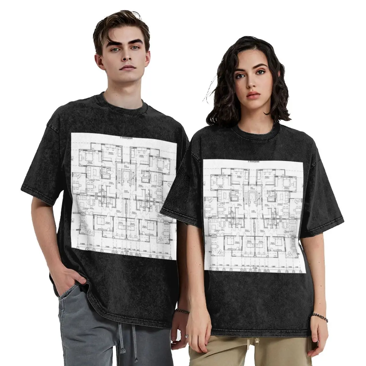 

Detailed Architectural One Story Private House Blueprints And Drawing Short Sleeve T-Shirts Washed Tops Tees Streetwear T Shirt