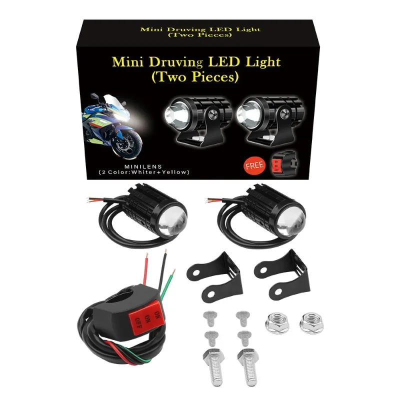 مصباح LED مدفع فولاذي صغير بلونين، مصمم خصيصًا للدراجات النارية. مصباح أمامي من قطعة واحدة مع وظائف قريبة وبعيدة.