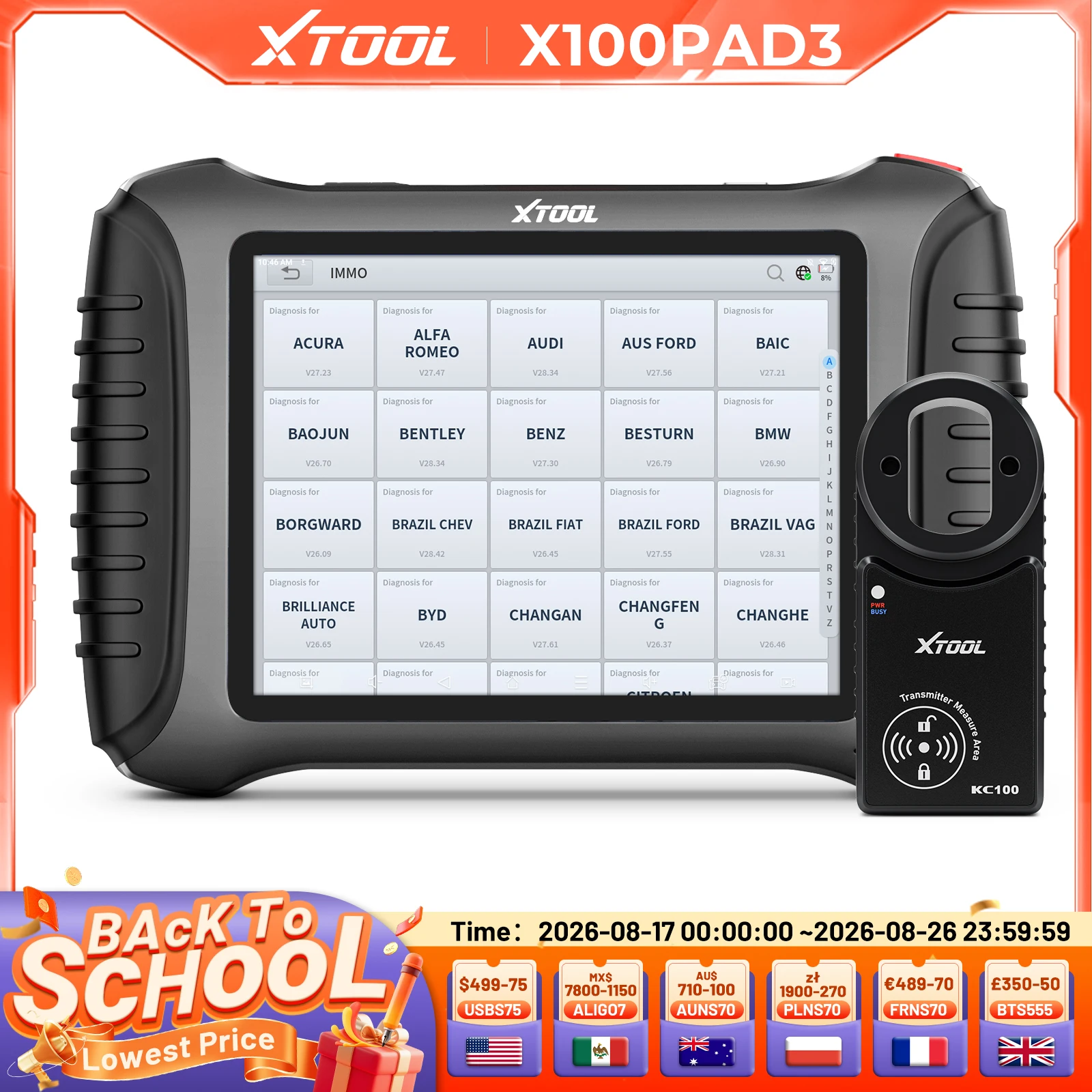 XTOOL X100 PAD3 V2.0 Elite LMMO Key Programmer AI Function OBD2 Car Diagnostic Tool All Key Lost Automotive Scanner 38 Resets FCA with KC100