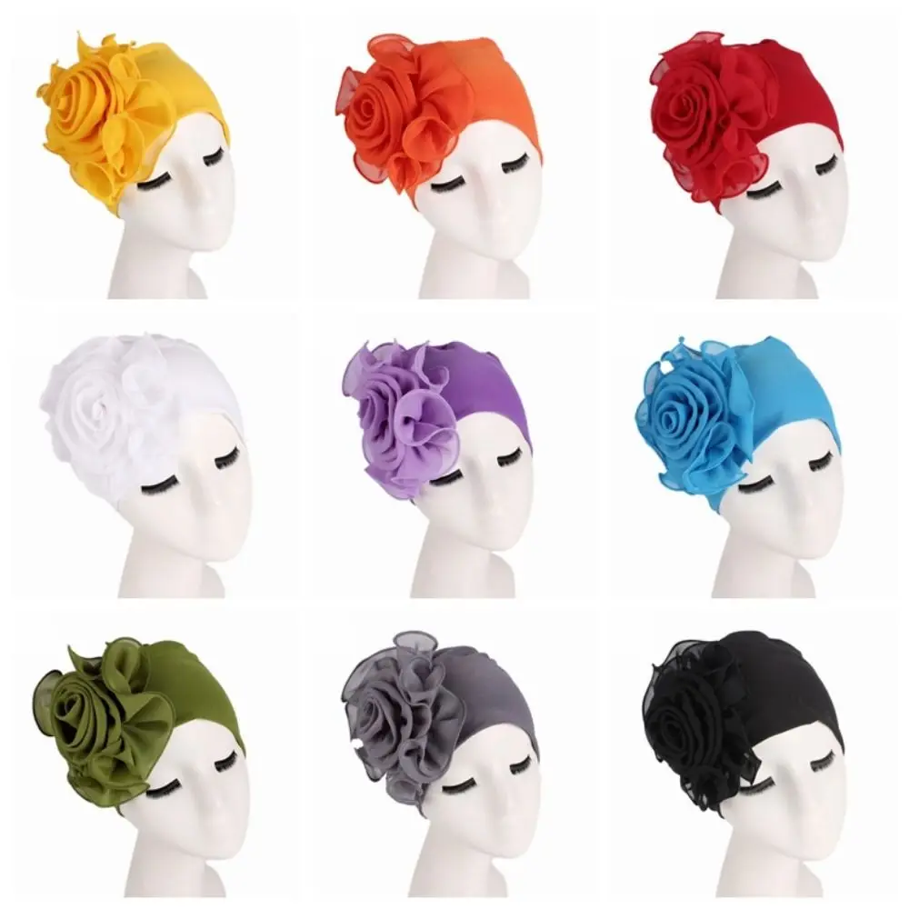 Big Flower Women's Turban Cap One Size Solid Color Side Flower Ramadan Hijab Elastic Comfortable Head Wrap Cap Ladies Hair Cover