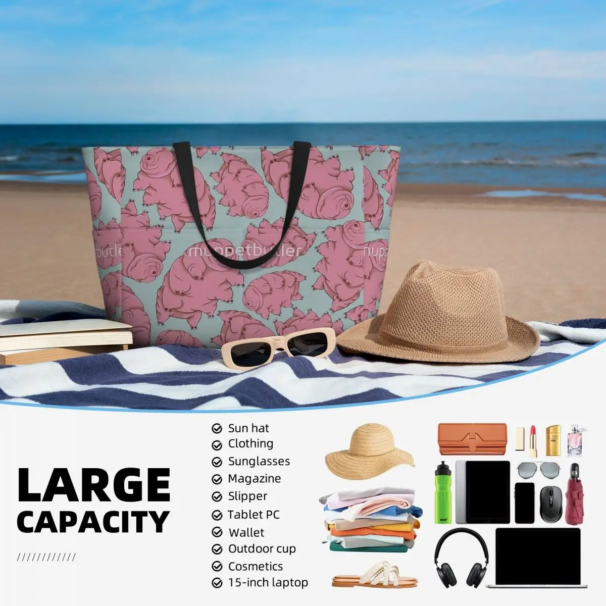 Borsa da viaggio da spiaggia con motivo Tardigrade blu rosa, borsa tote personalità pratica regalo di compleanno modello multi-stile