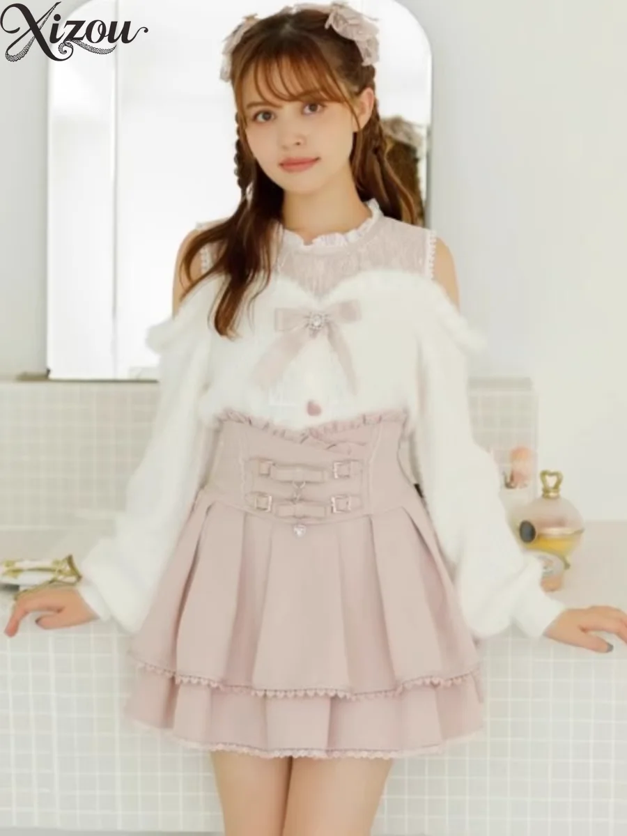 

Sweater Women Girls Off-Shoulder Doll Collar Knitted Pullover Bow Lace Hollow Long Sleeve Furry Soft Autumn Winter Student Top