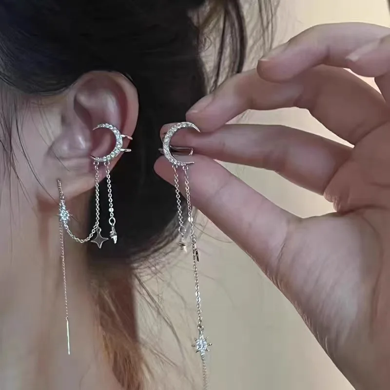 1pc Sterne Mond Ohr Manschette für Frauen Böhmischen Quasten Kette Silber Farbe Zirkon Mode Conch Clip Ohrringe Knorpel Schmuck KDE125