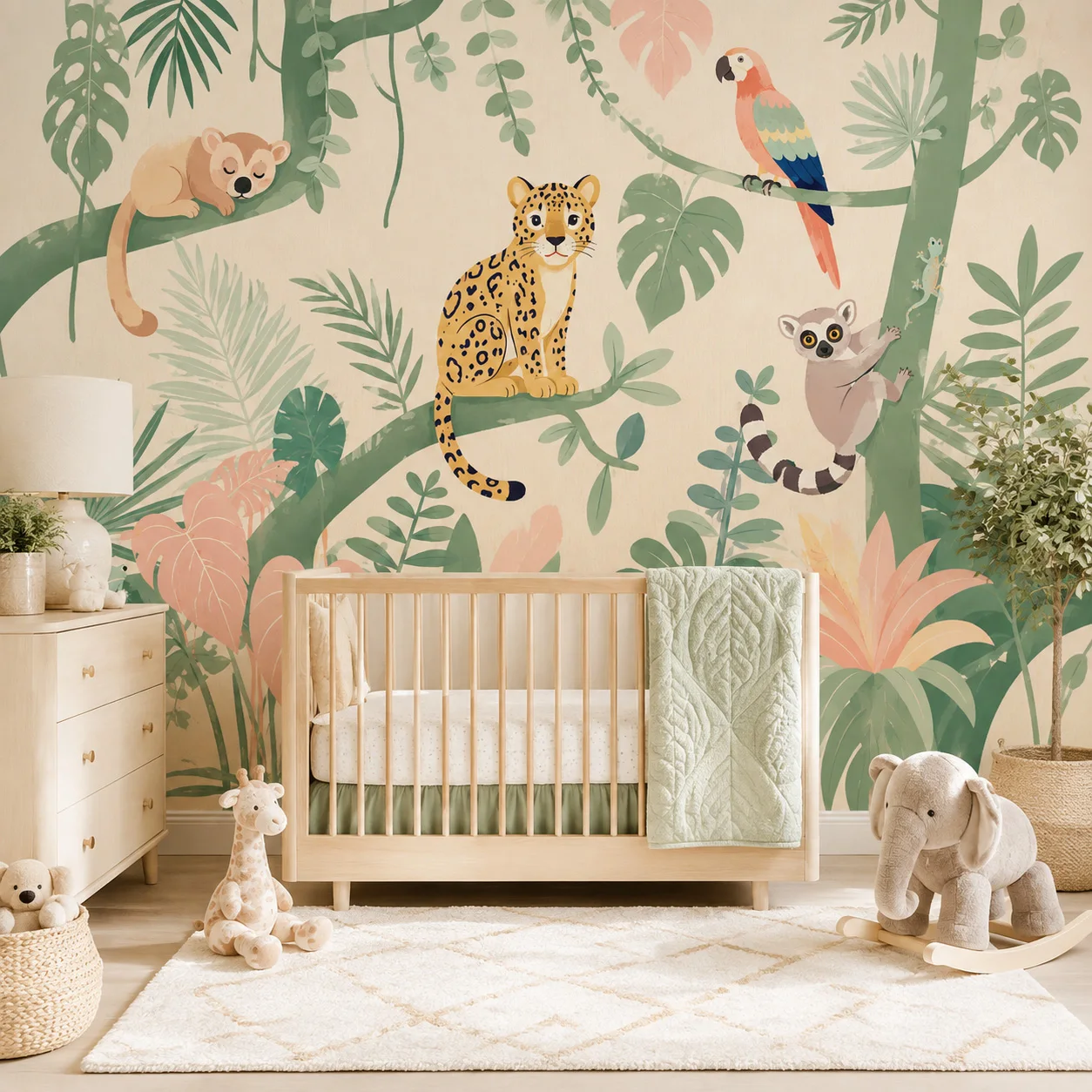 Baby Nursery Peel And Stick Wallpaper - Safari Jungle Animals Self Adhesive Wallpaper