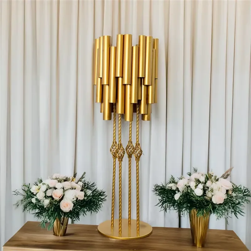 Creative Gold Frosted 18-tube Wind Chime Flower Stand Tall Metal Vase Holder for Wedding Centerpiece Road Leading