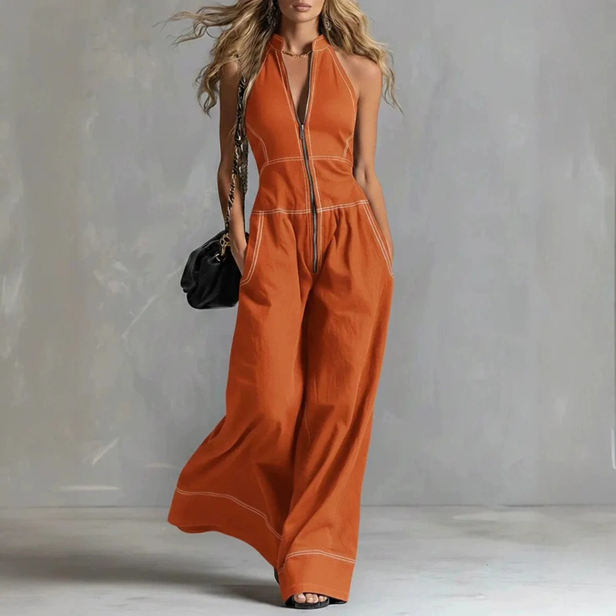 

Women's Jumpsuit 2026 Spring Summer New Solid Color Stand Collar Half Zipper Pocket Design High Waist Casual Wide Leg Jumpsuit