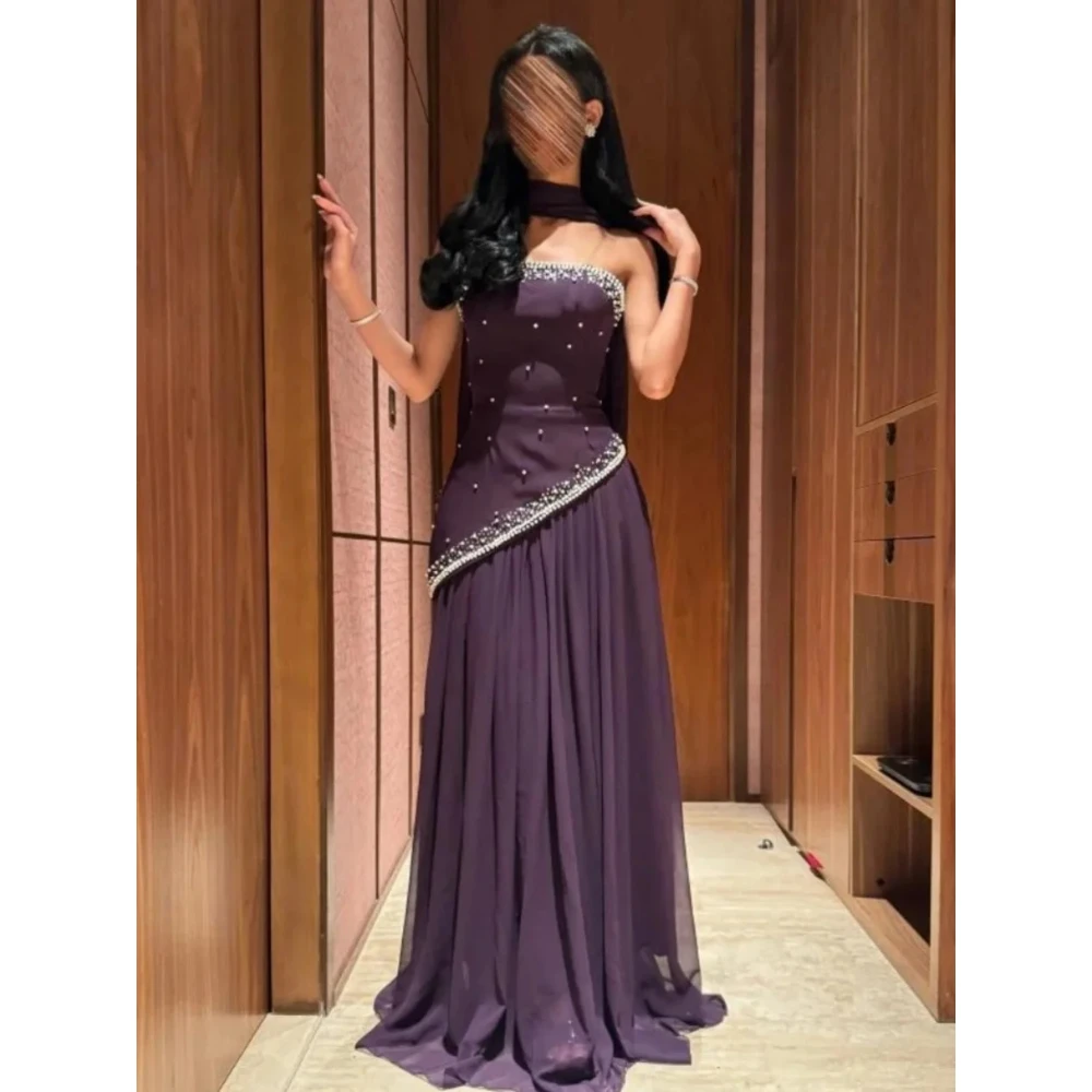 Grape Purple Evening Dress Strapless Beadings A Line Floor Length Elegant Formal Party Dresses with Scarf Prom Gown Customized