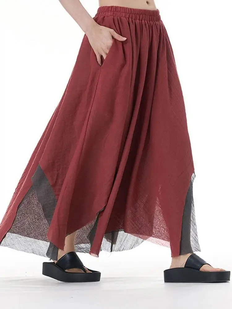 

High Elastic Waist Red Gray Double Layers Mesh Irregular Half-body Skirt Women Fashion New Spring Autumn