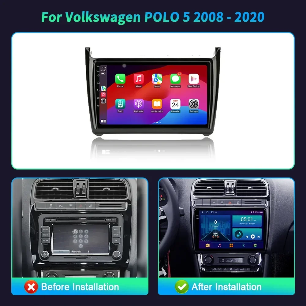 Android 14 Auto GPS WiFi For Volkswagen Polo 5 Sedan 2008-2020 Car Radio Multimedia Bluetooth CarPlay Navigation Screen Stereo