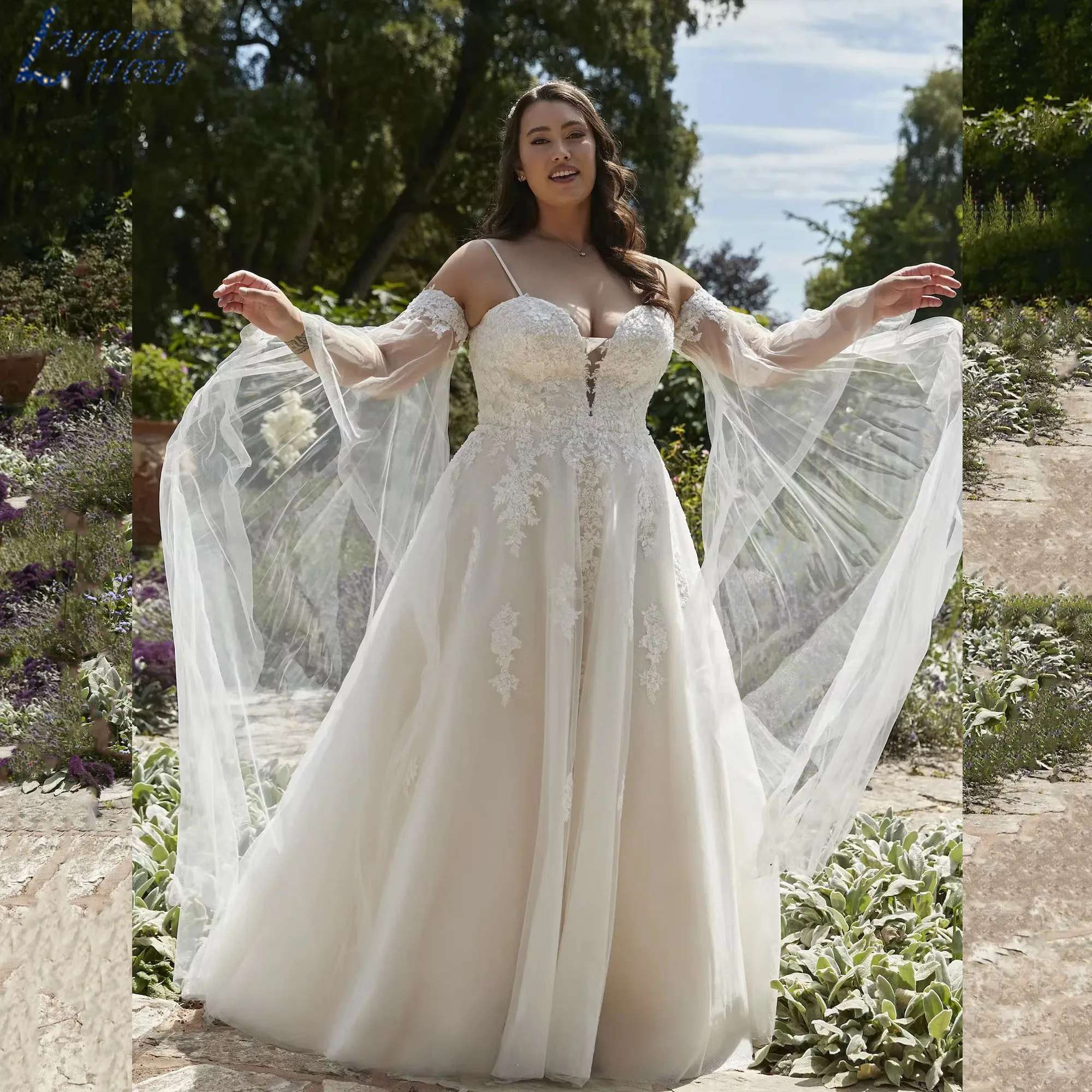 

LAYOUT NICEB Oversize Wedding Dress With Detachable Sleeve A-Line Backless Bride Gown Elegant V-Neck vestido de novia Customized