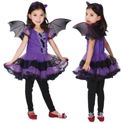 Girls Purple Bat Dress Kids  Cosplay Vampire Demon Costume With Wing Headwear Halloween Carnivat Witch Role Play Clothes