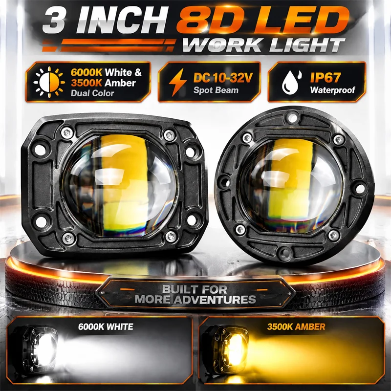 3 Inch 8D LED Lens Driving Work Light 30W Dual Color Flush Mount Fog Lamp Square Round For Off Road 4x4 Truck SUV ATV Motorcycle