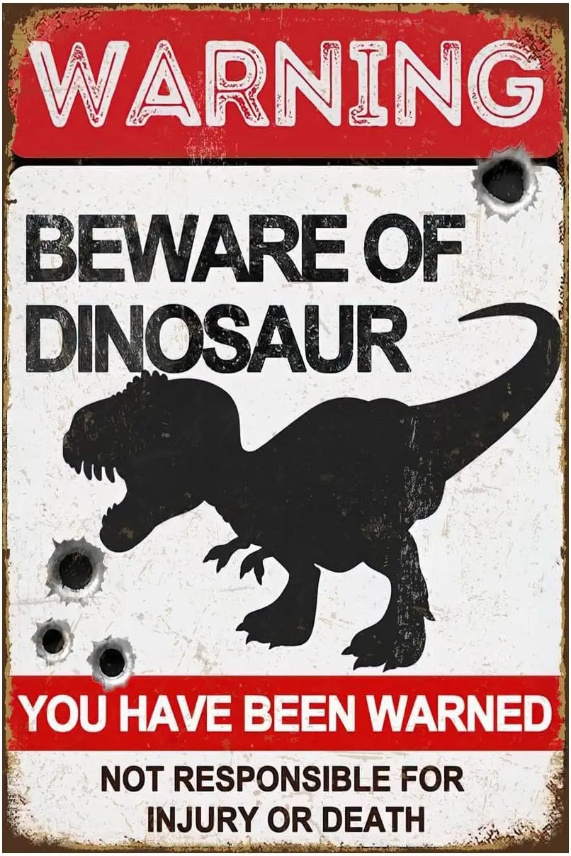 Funny Dinosaur Tin Signs, Warning Metal Sign, Beware of Dinosaur, Dino Poster Wall Decor Plaque for Kids Boys Room, Playroom,