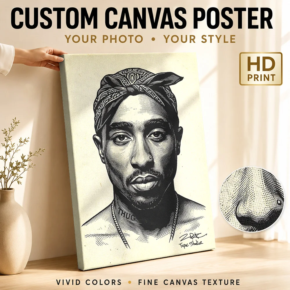 Tupac Shakur Portrait with Bandana Canvas Painting Poster Customized Photo Retro Music Wall Art for Studio Decor Ready to Hang