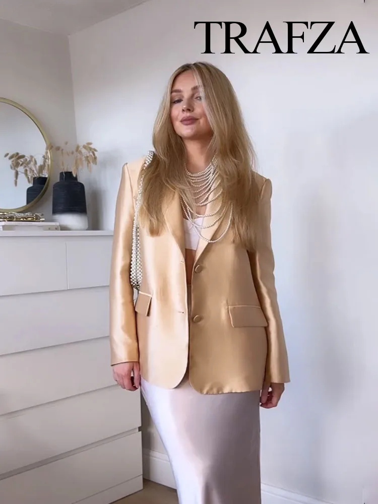 TRAFZA Spring Fashion Women Blazer Tops Gold Turn-Down Collar Long Sleeves Pockets Single Breasted Female Chic Coats Office Lady