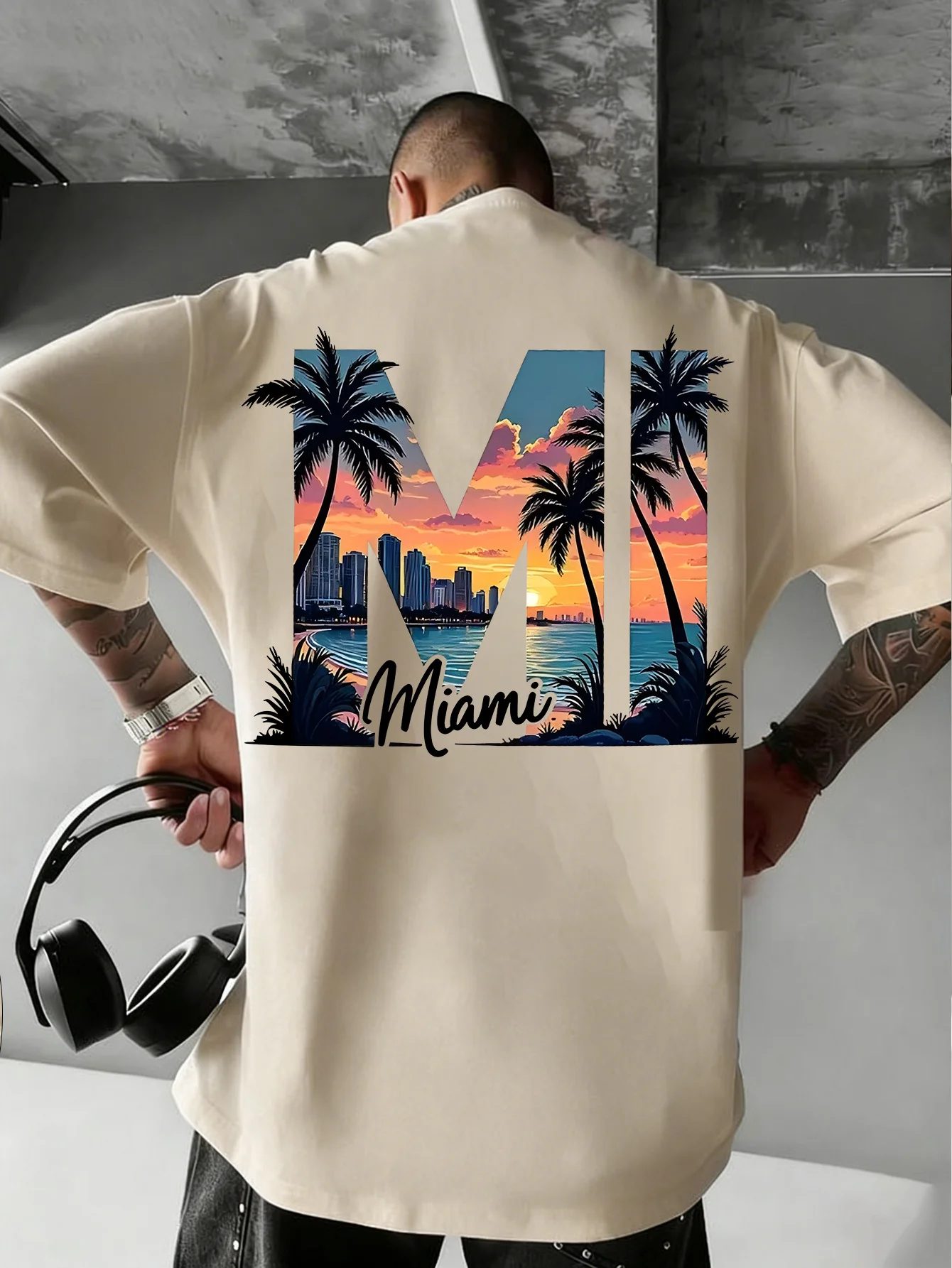 Men's New Miami City Landscape Printed T-shirt Cotton Short Sleeve Coconut Tree Sunset Oversize Off Shoulder Casual Half Sleeve
