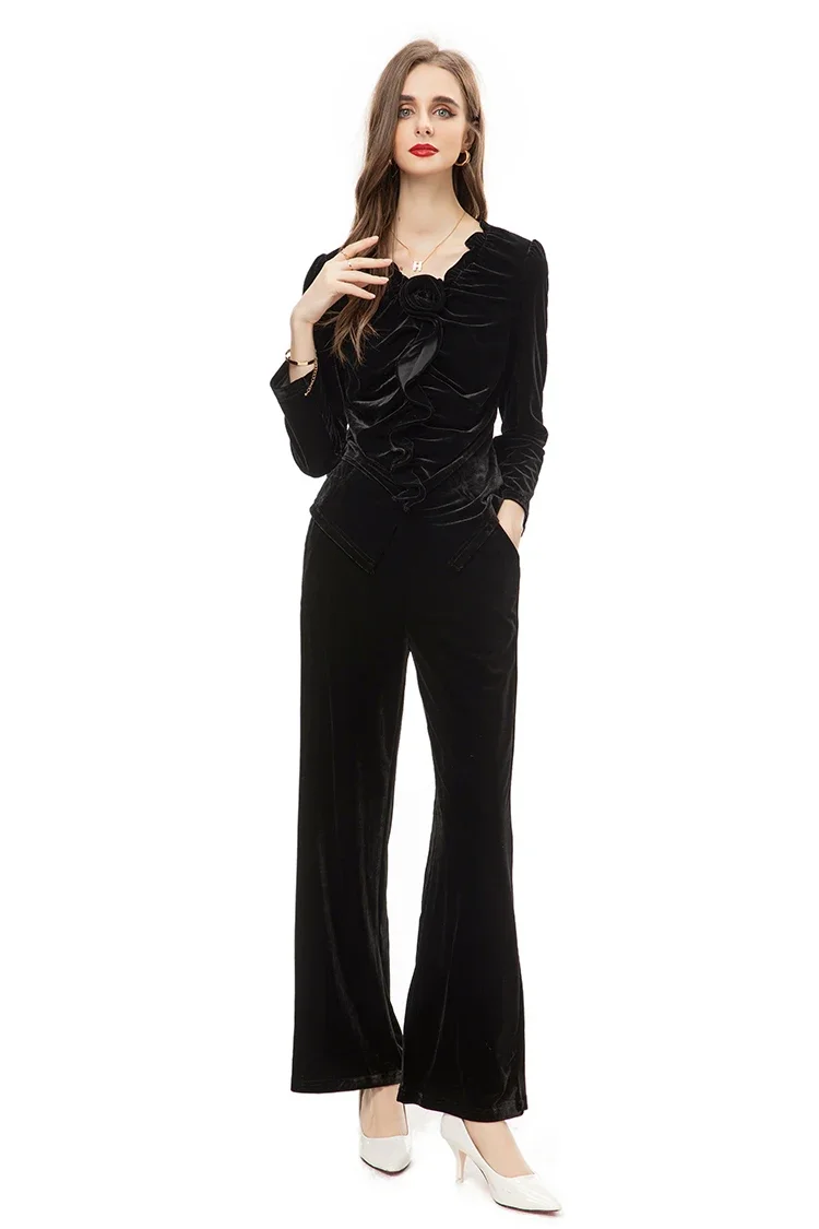 

Autumn Fashion Runway Black Vintage Velvet Pants Set Women’s V Neck Ruffled Slim Top Pocket Straight Leg Trousers Two Piece