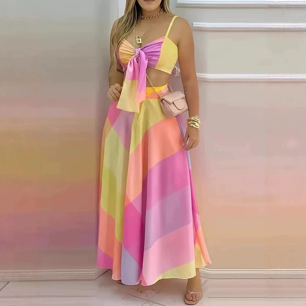 Women's Sexy Geometric Print Strappy Tie-Up Crop Top with Zippered Half Skirt Beachy Two-Piece Set