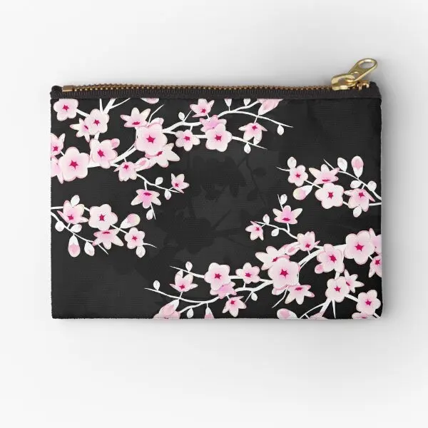 Floral Cherry Blossom Pink Black  Zipper Pouches Small Women Coin Socks Cosmetic Pure Pocket Wallet Key Storage Men Underwear