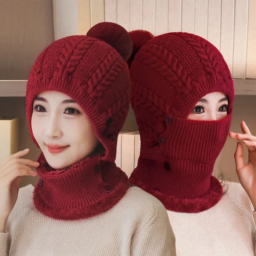 الصوف الدافئ محبوك المرأة الصوف محبوك قبعة سميكة إبقاء الوجه دفئا وشاح متماسكة قبعة الشتاء قبعة تزلج