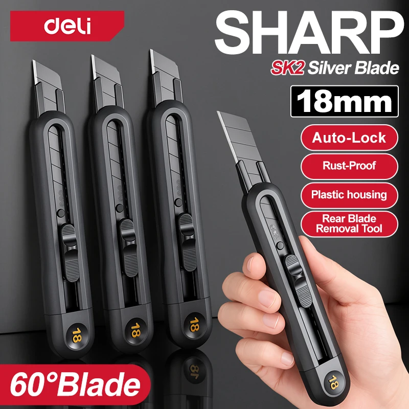 18mm Heavy Duty Utility Knife SK2 Black Snap-off Blade Auto Lock Non-slip Handle for Warehouse Cardboard Packing Hand Tool