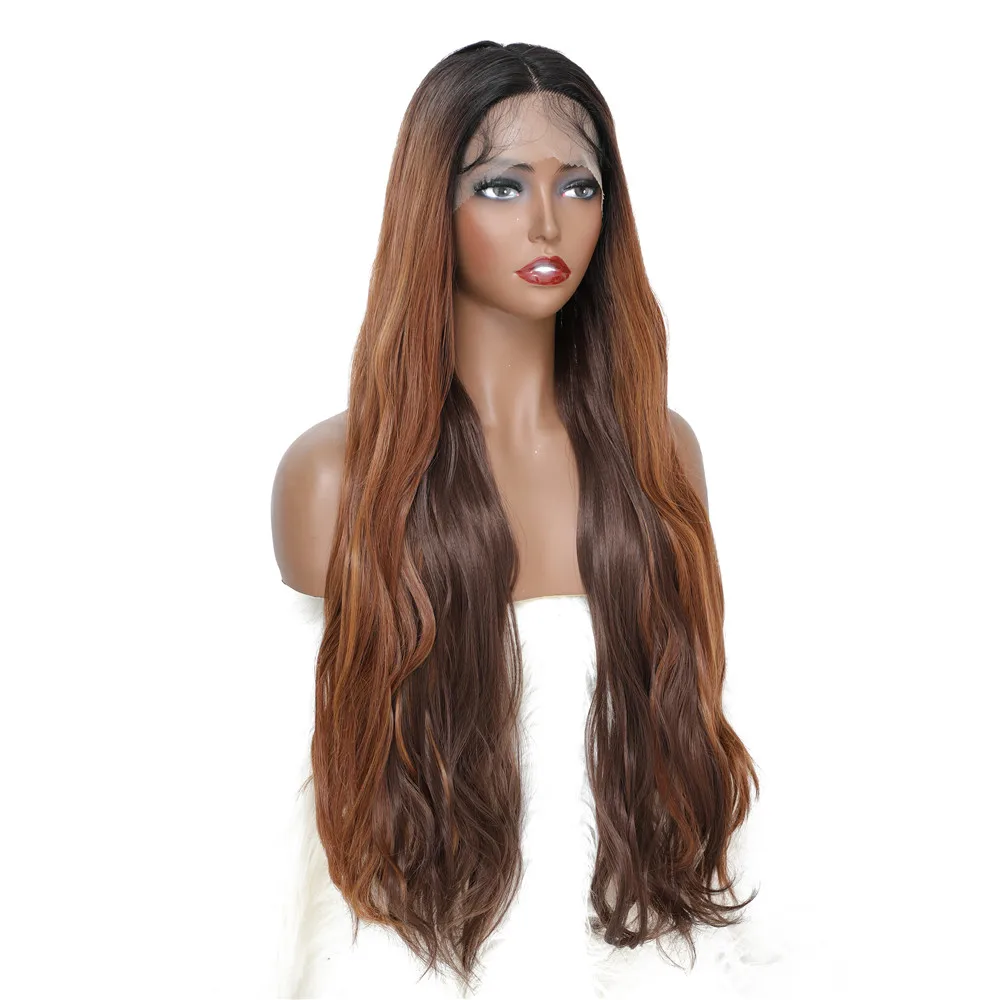 Body Wavy Ombre Brown Synthetic Lace Front Middle Part Hair Wigs For Black Women X-TRESS Long Natural Hairstyle For Black Women