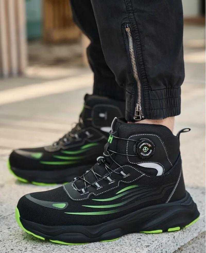 أحذية أمان رجالية عالية الجودة أحذية أمان للعمل أحذية رياضية بمقدمة من الفولاذ وزر دوران مضاد للسحق ومضاد للثقب أحذية أمان من الفولاذ