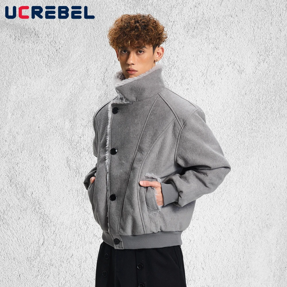 Pánská retro prošívaná bunda s dlouhým rukávem, podzimní a zimní střih, jednobarevná, s tlustým kožešinovým límcem - náhled 2