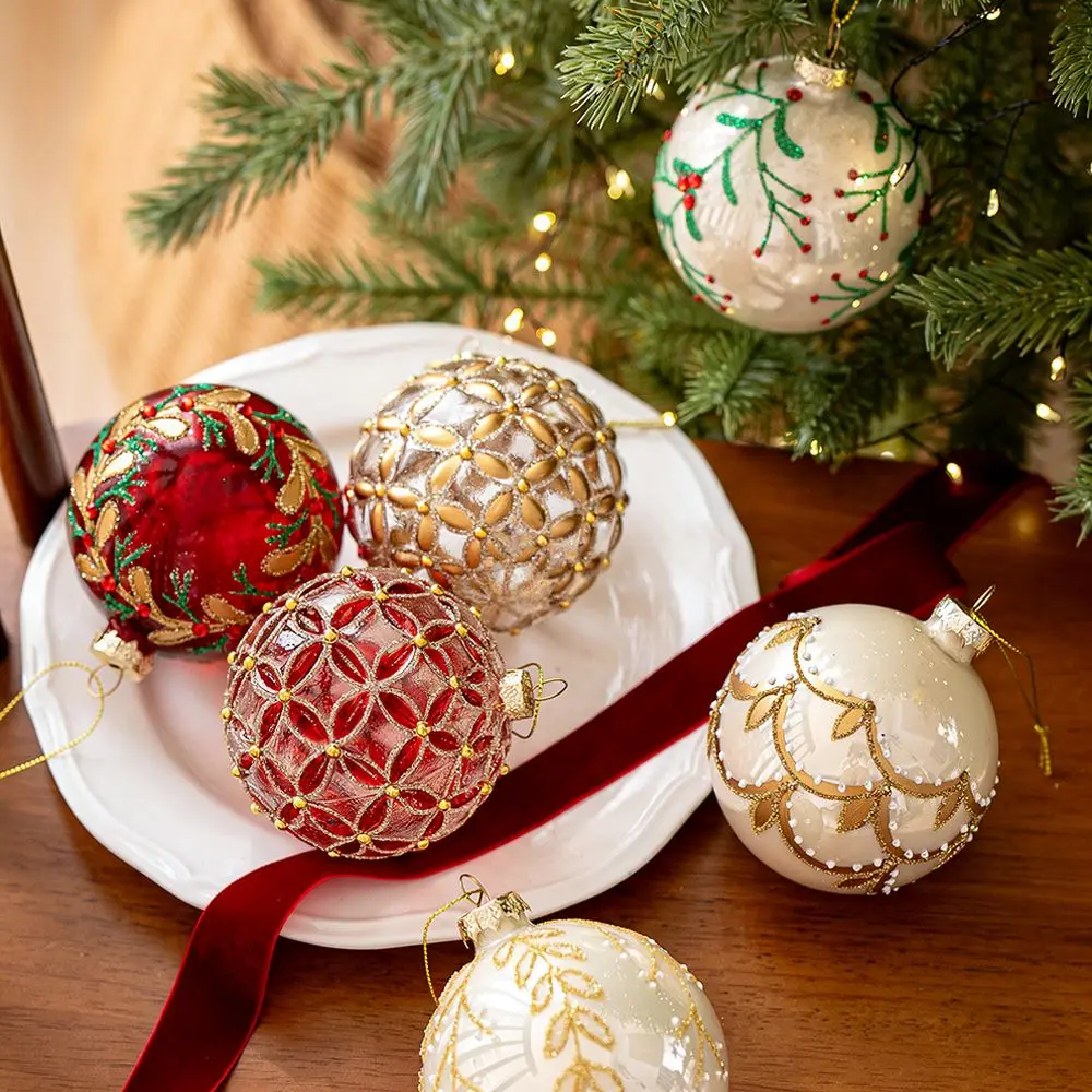 Retro Glass Christmas Ball 8cm Hanging Ornament Xmas Tree Decorative Pendant Korean Style Holiday Home Interior Decor