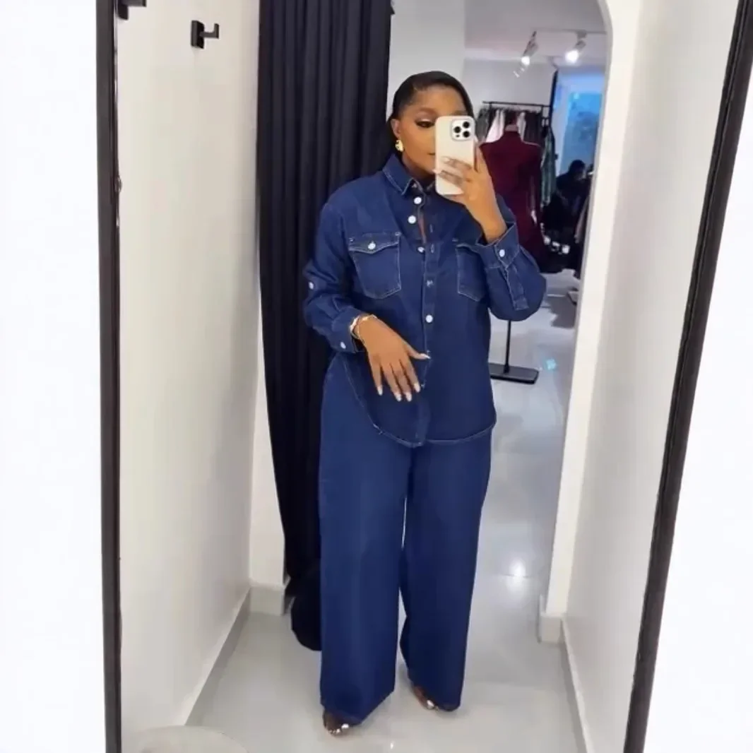 

Women Denim 2 Piece Sets Coat Jeans Pockets Single Breasted Turn Down Collar Outfits Distressed Jacket Straight Pants Suit 2025