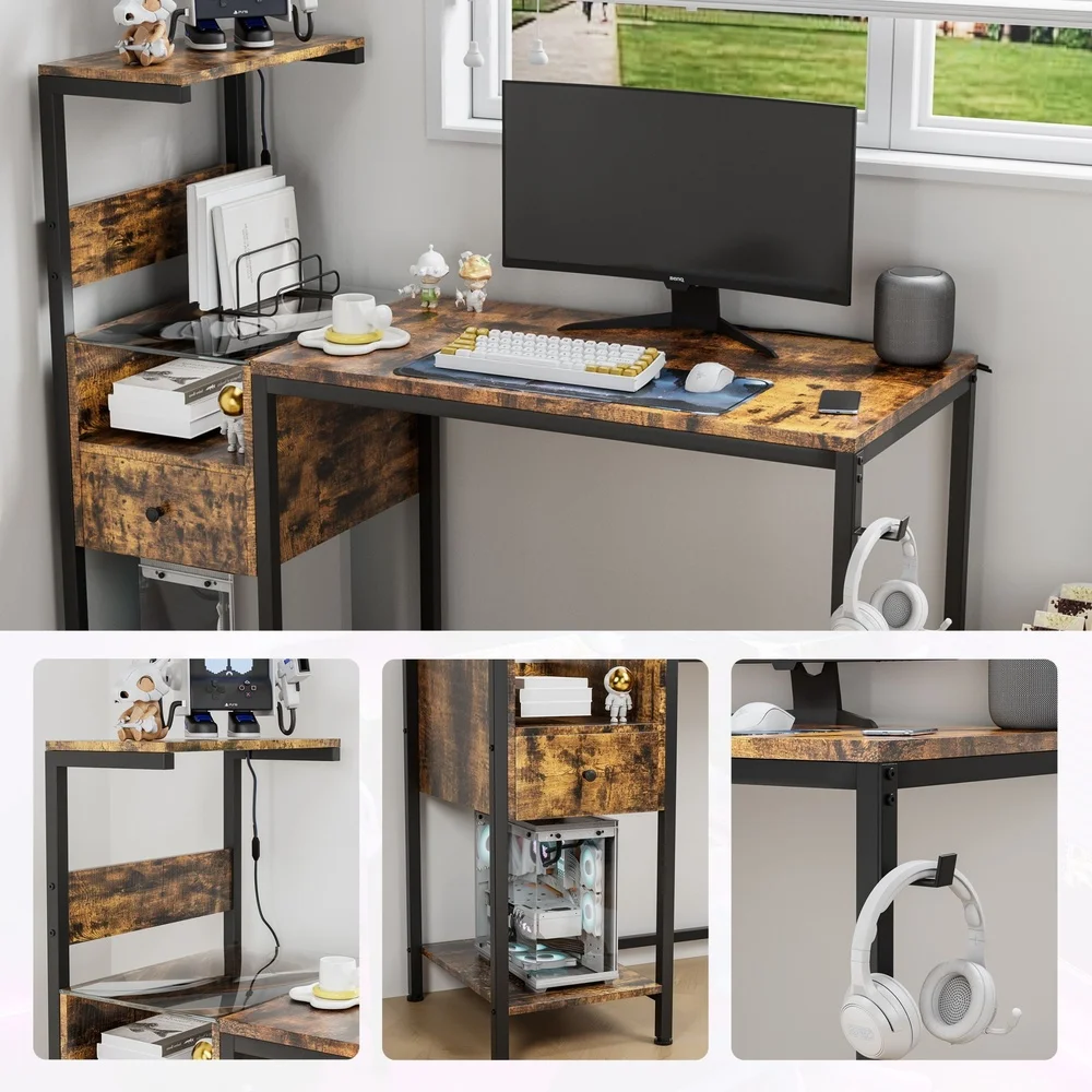 Gaming Computer Desk with LED Lights Charging Station Reversible Shelves USB Outlets Home Office Study Table Rustic Brown