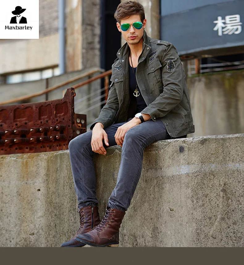 Pure Cotton Cargo Jacket Men's Autumn New Unload Climbing Multi-Pocket Jacket Men's Army Cargo MA-1 Men's Coat Plus Size