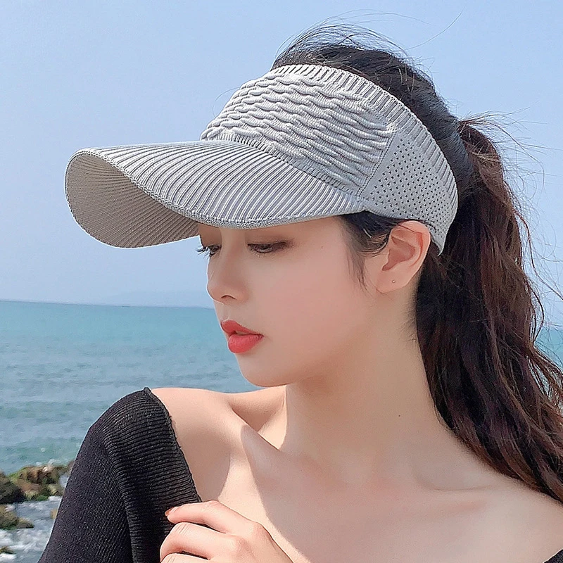 Fashion Folds Design Women Empty Top Hat Summer Solid Color Large Brim Sunscreen Hat Outdoor Elastic Fabric Sports Sun Cap