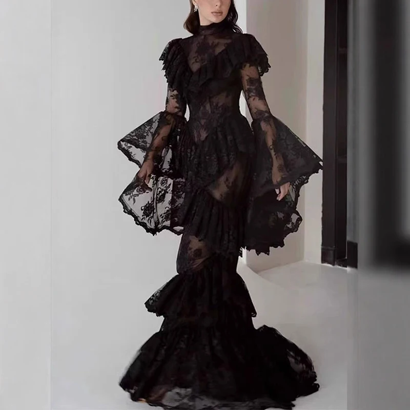 

American Style Black Evening Dress for Women Light Luxury Stand Collar Embroidered Party Dresses Sexy Lace Long Sleeve Prom Gown