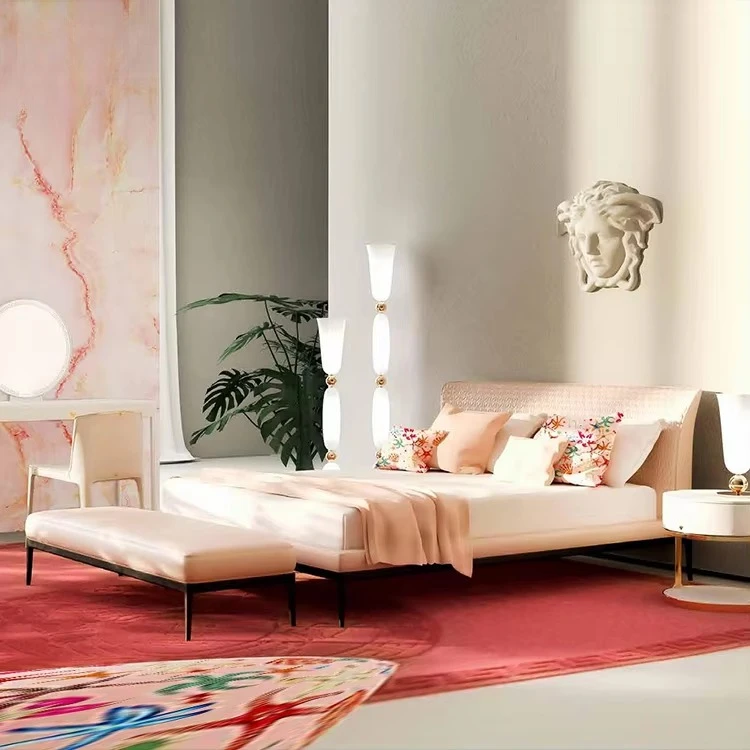 yp-Romantic Style Double Bed Rooom Frame Super Elegant Leather pink Modern Luxury king Size Romantic Bed-