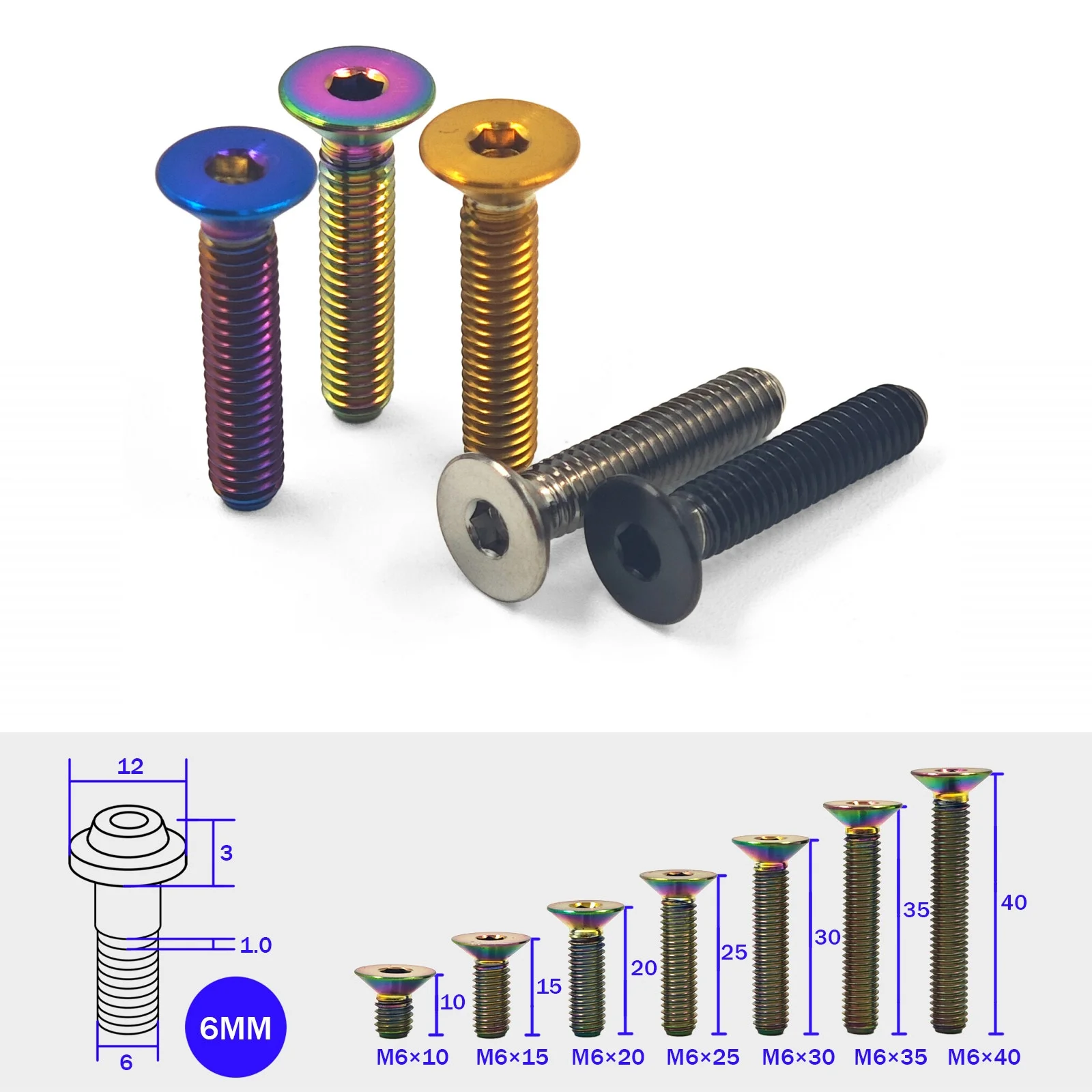Bike Stem Countersunk Screw M6 x 25 30 35 40mm Titanium Alloy Flat Head Headset Cap Bolt Bike Headset Stem Top Cap Fixing Bolts
