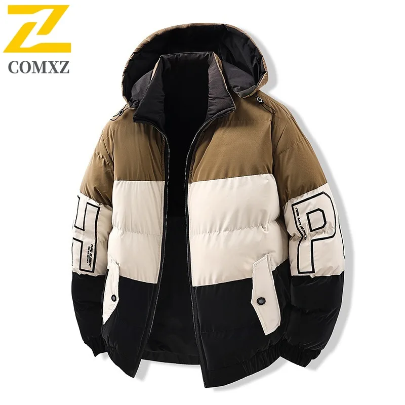 COMXZ 2025 Reversible Color Block Jacket Thickened Hooded Winter Waterproof Windproof Outdoor Sports Warm Tactics cotton-padded