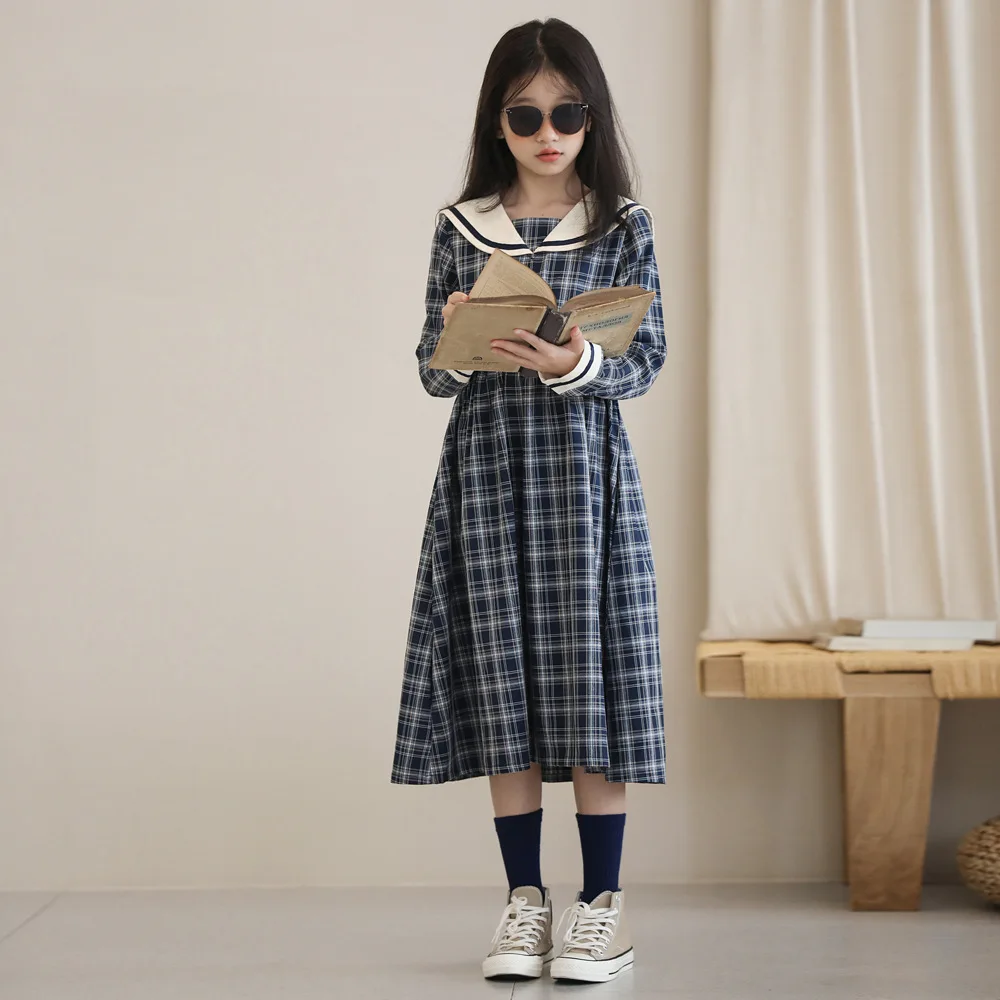 Junior Girl Long Sleeve Dress Autumn New Children Girl Retro Long Sleeved Contrasting Navy Academy Style Dress Girl Plaid Dress