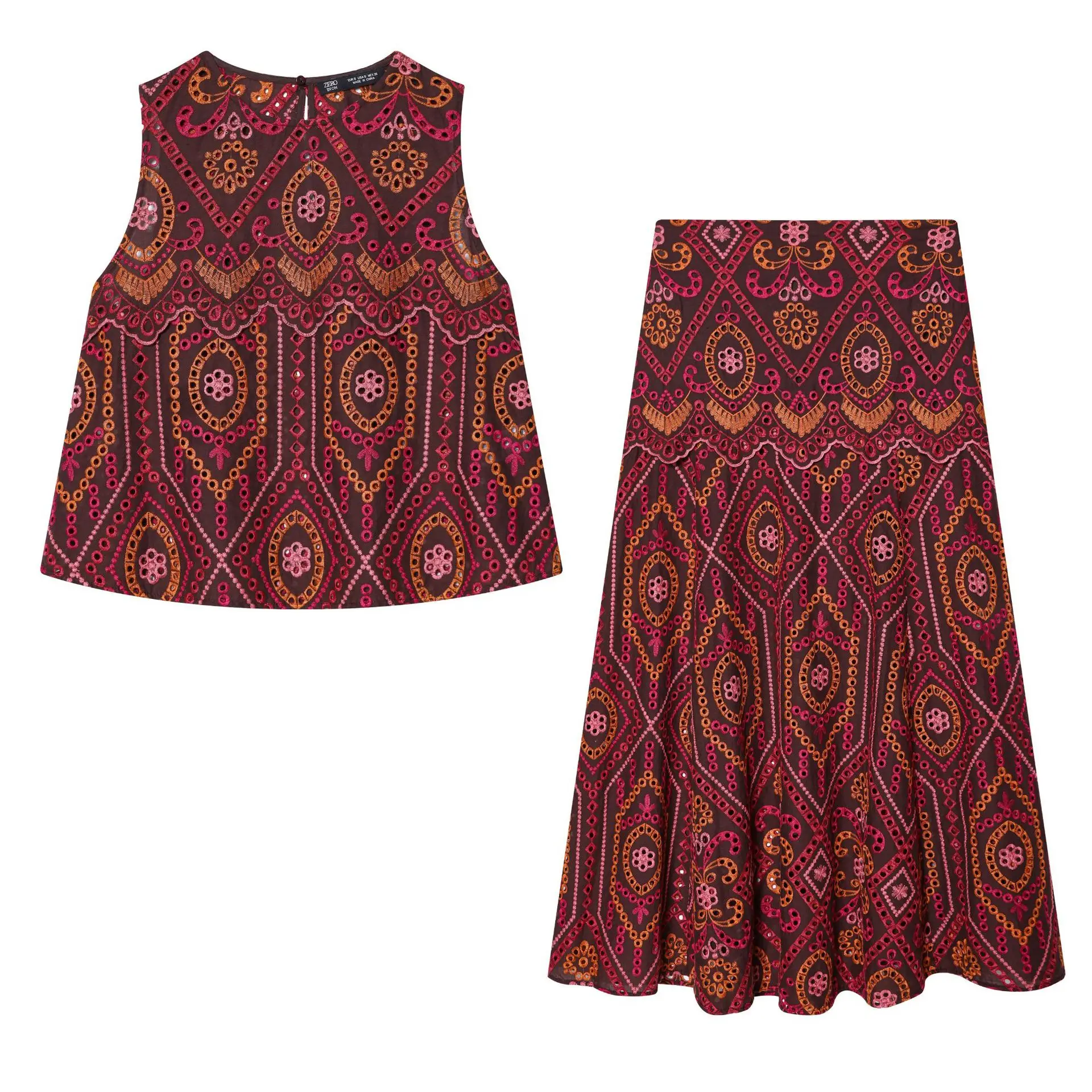 

Женский модный комплект из двух предметов: топ без рукавов с вышивкой и расклешенная макси-юбка, коричневый, в этническом стиле, с ажурной вышивкой 6UJW