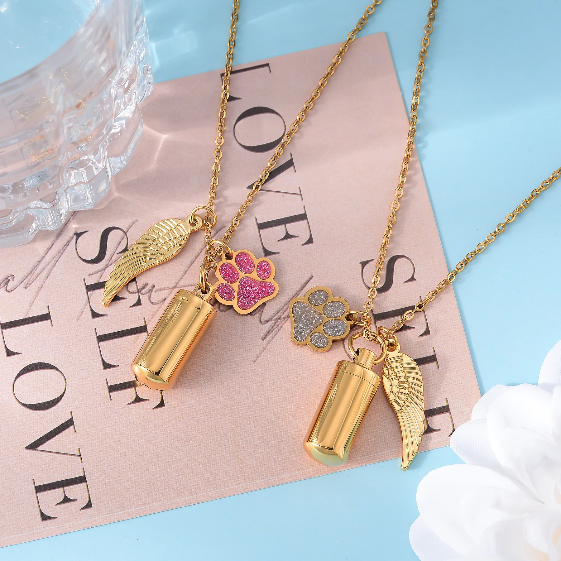 Personalized  Stainless Steel Cylinder Urn Necklace With Wings Pet Paw Pendant For human Pet Memorial Jewelry Keychain Gift view 5