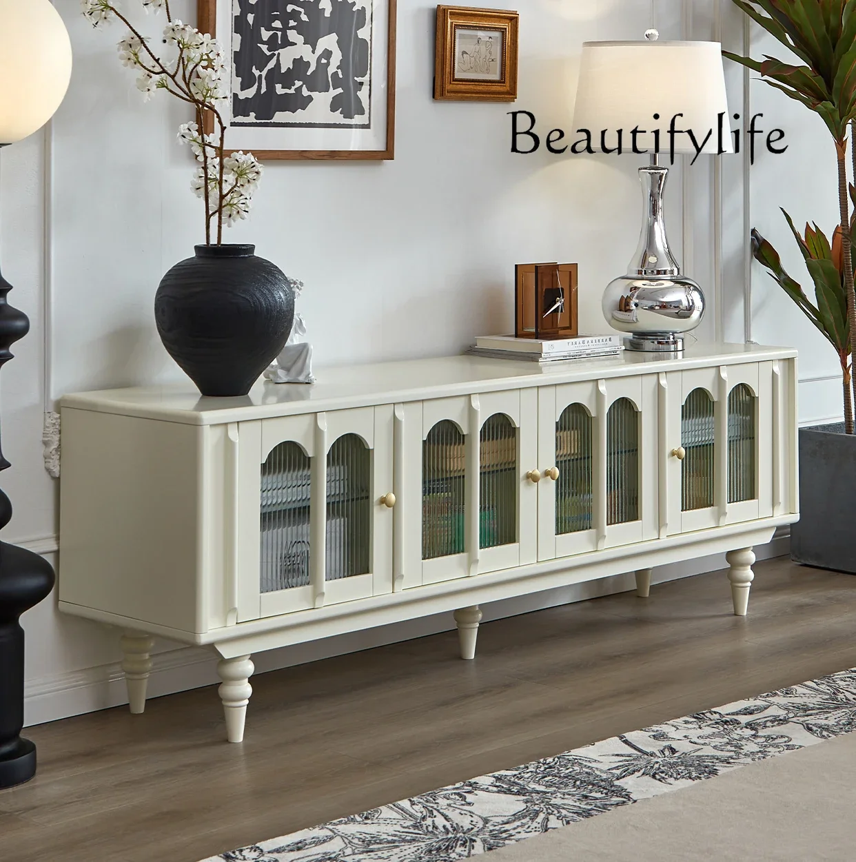 

Solid Wood TV Cabinet French Living Room White TV Stand Combination Retro Locker