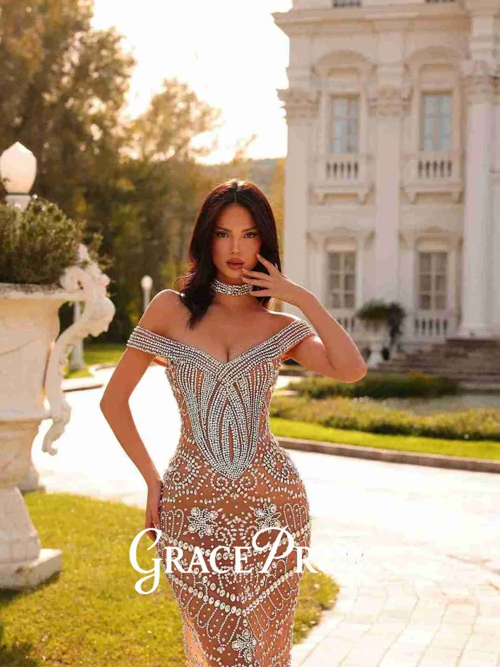 

GraceProm Charming Off-Shoulder Evening Dress 2026 Glittering Geometric-Pattern Carpet Gown Stylish A-Line Floor-Length Party Go