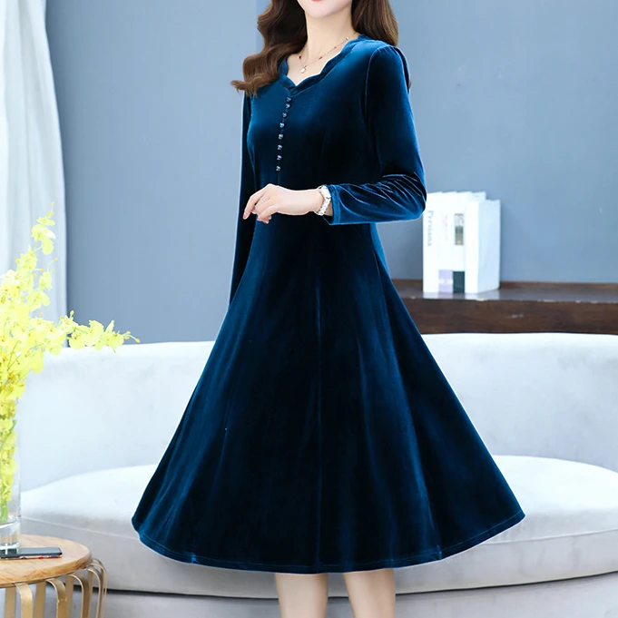 Velvet Long Sleeve Dress Autumn 2024 New Solid Color Elegant Women's Dress