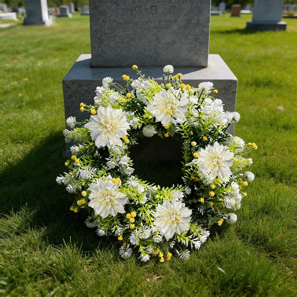 White Dahlia, Chrysanthemum, Baby's Breath, and Dandelion Wreath, Artificial Flower Wreath, Memorial Day, Cemetery Decoration, Outdoor Decorative Wreath, for Mourning