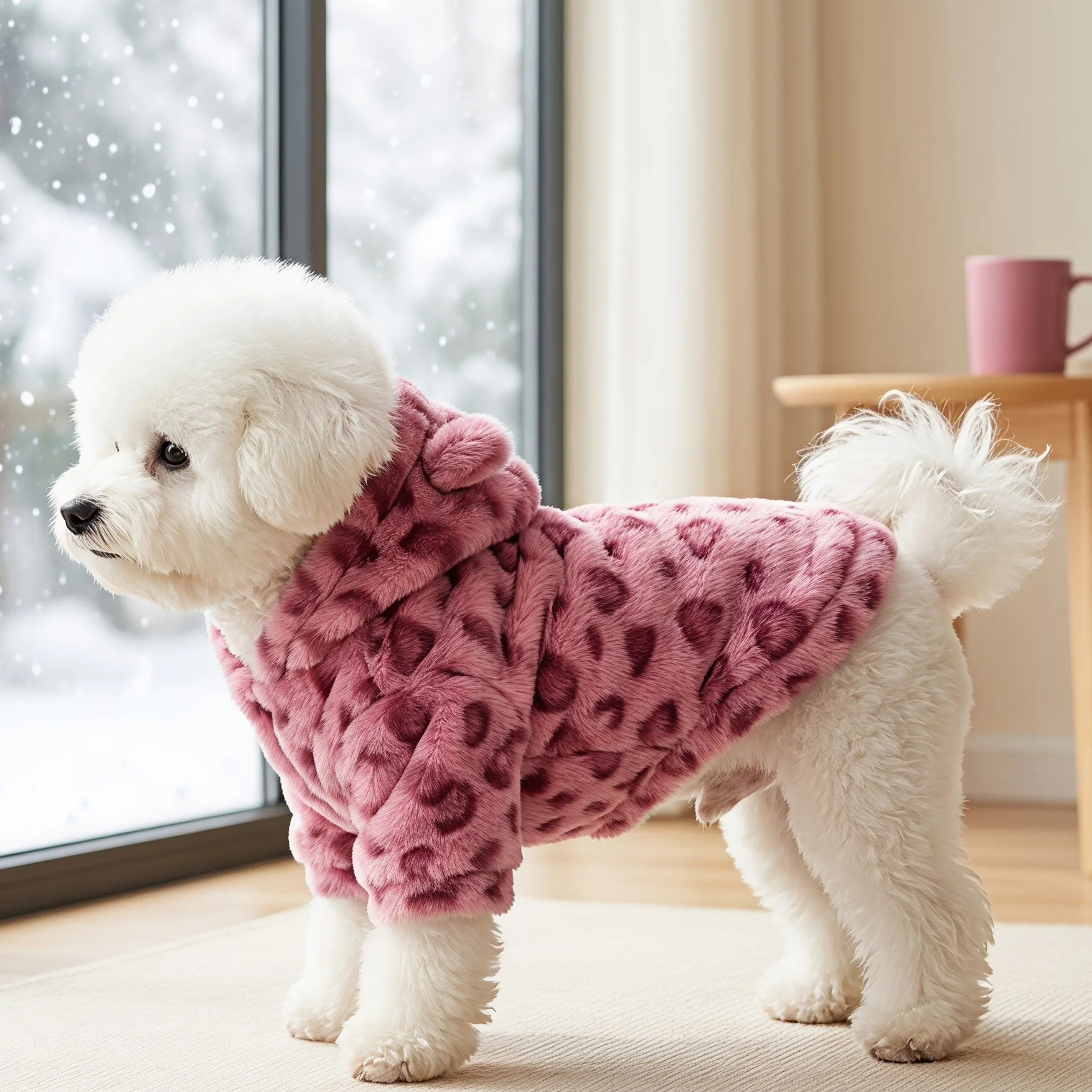 Hundejacke, Retro-Leopardenmuster, Kunstfell-Teddybär-Ohren, Kapuzenjacke mit Reißverschluss, dicke, flauschige, warme Haustierjacke – Detail 11