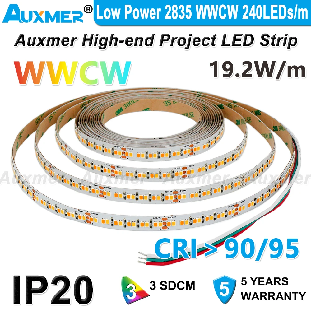 Strisce luminose a LED WWCW a bassa potenza 2835, 240LED/m,IP20,CRI95/90,19.2 W/m, LED regolabile con temperatura di colore CCT, DC12/24V,