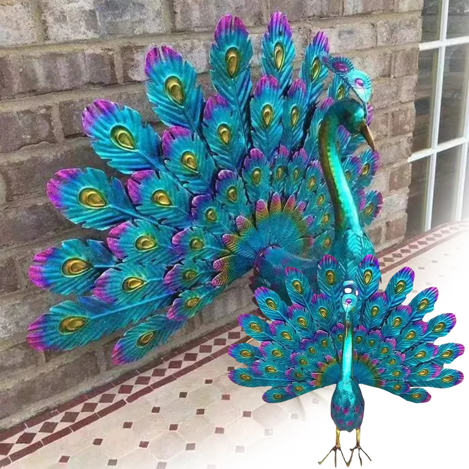 Beautiful Peacock Statue Decor，Metallic Peacock Colorful Metal Yard Art Garden Decoration, Metal Peacock Outdoor Statue