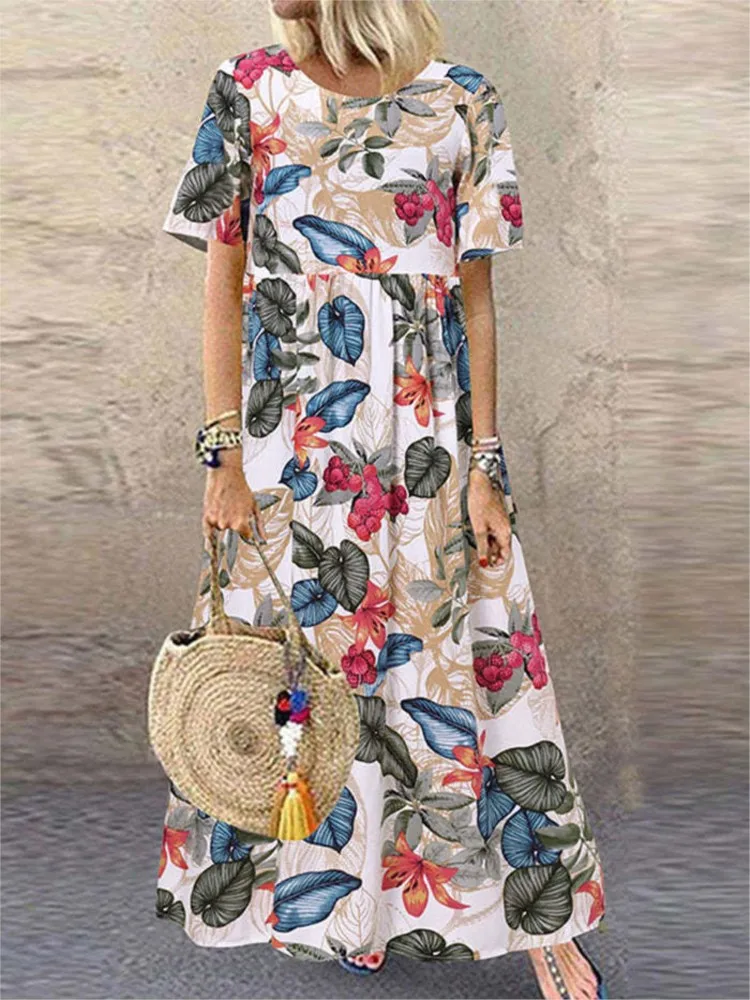 

Summer Long Dresses For Women Floral Print Short Sleeve High Waist Casual Loose Elegant Round Neck Ladies Pullover Vestidos 2024